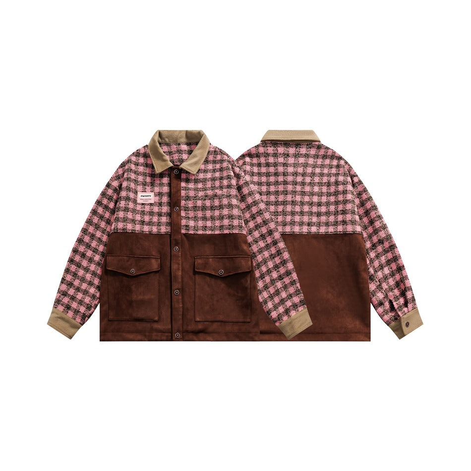 Unisex Jacket Plaid Splicing Coat Men and Women Baggy Casual Jacket