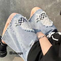 Men Jeans Ripped Checkerboard Plaid Denim Shorts