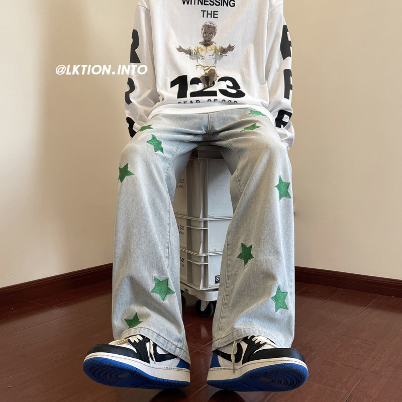 Men Jeans Embroidered Jeans Men's Autumn Oversize Straight-Leg Pants