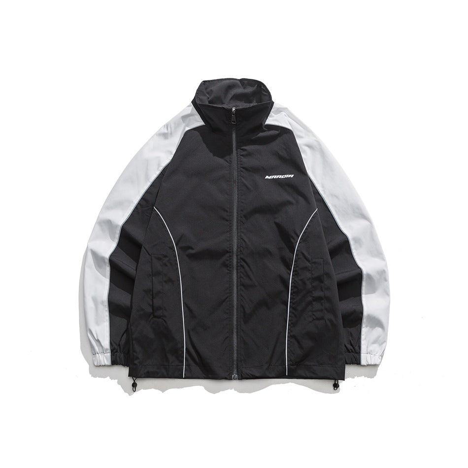 Unisex Jacket Vintage V Contrast Color Stand-up Collar Sports Jacket Men's and Women's Coats