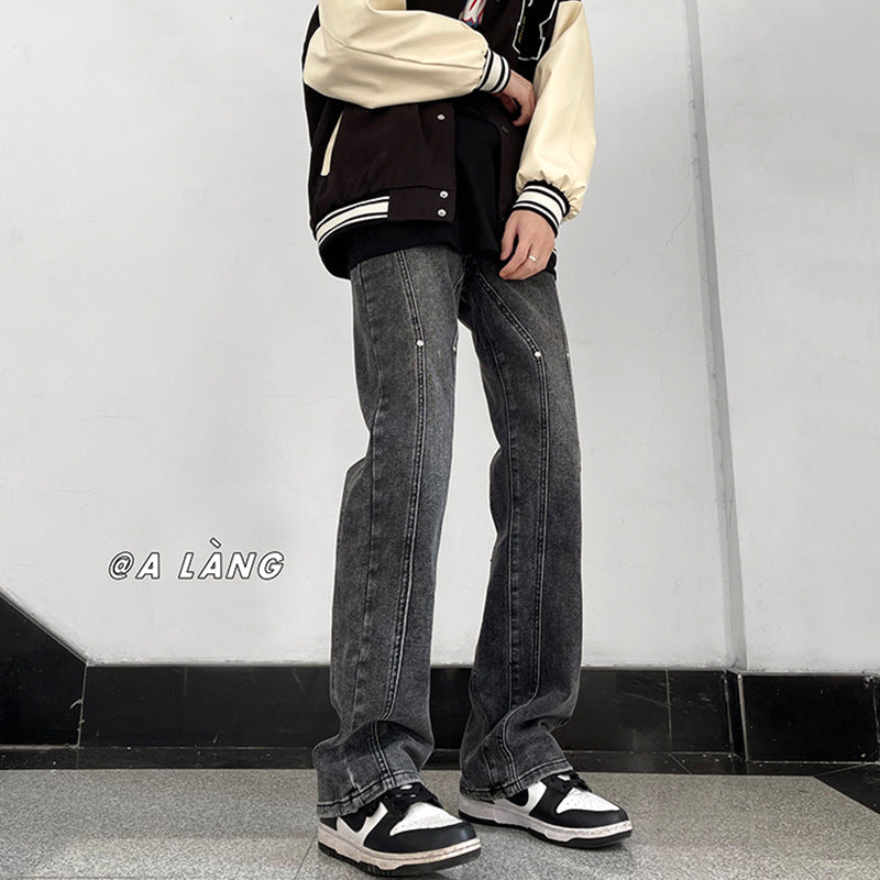 Men Jeans Loose Straight Hiphop Draping Rivet Overalls
