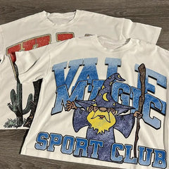 Street Unisex T-shirt Washed Old Oversize Hip Hop Skateboard Anime Print Short Sleeve
