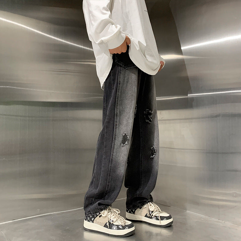 Men Jeans Ripped Jeans Men Autumn Winter Retro Straight Wide Leg Casual Trousers