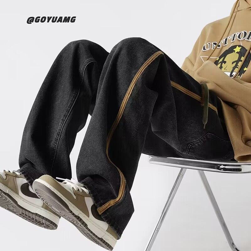 Men Jeans Wide Leg Pants Retro Washed Straight Casual Pants