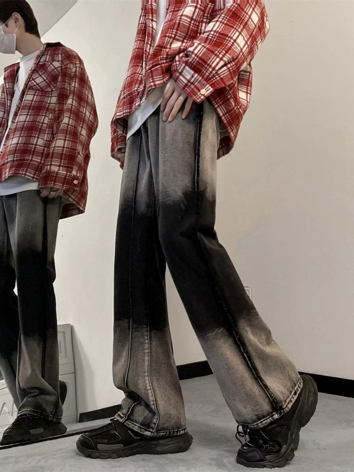 Men Jeans Gradient Washed Worn Jeans Autumn Loose Straight Casual Trousers