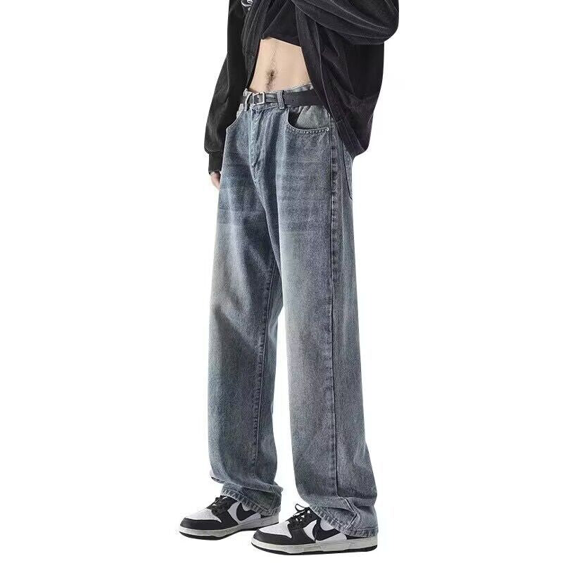 Men Jeans Summer Washed Old Straight Loose-Fitting Wide-Leg Trousers