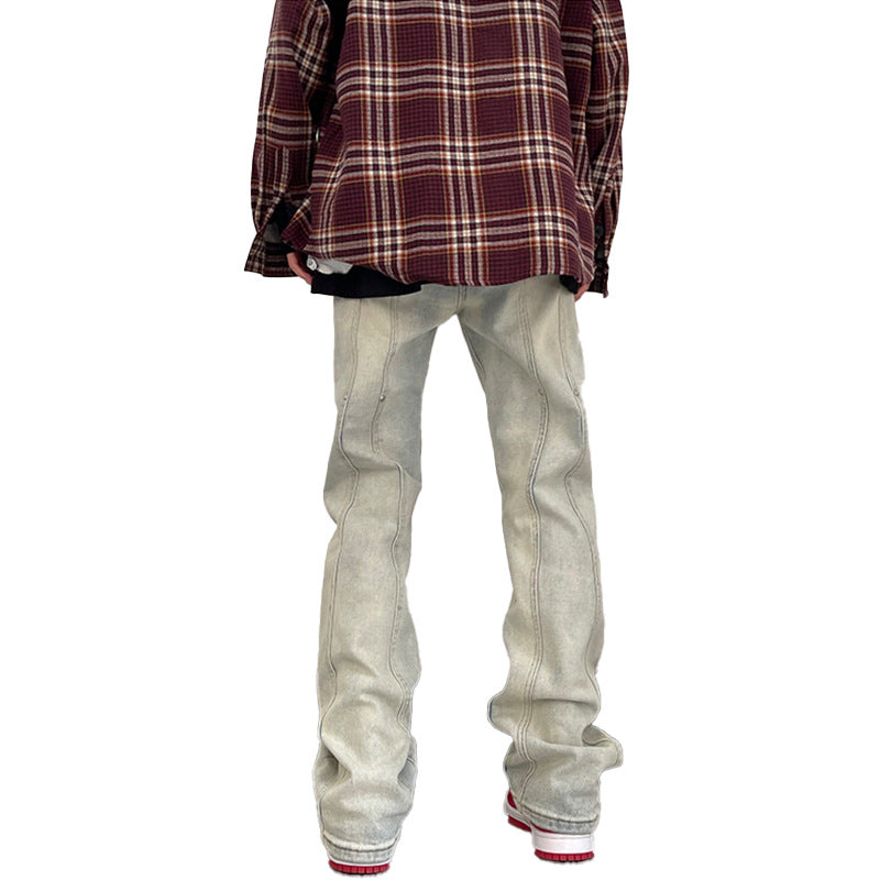 Men Jeans Loose Straight Hiphop Draping Rivet Overalls