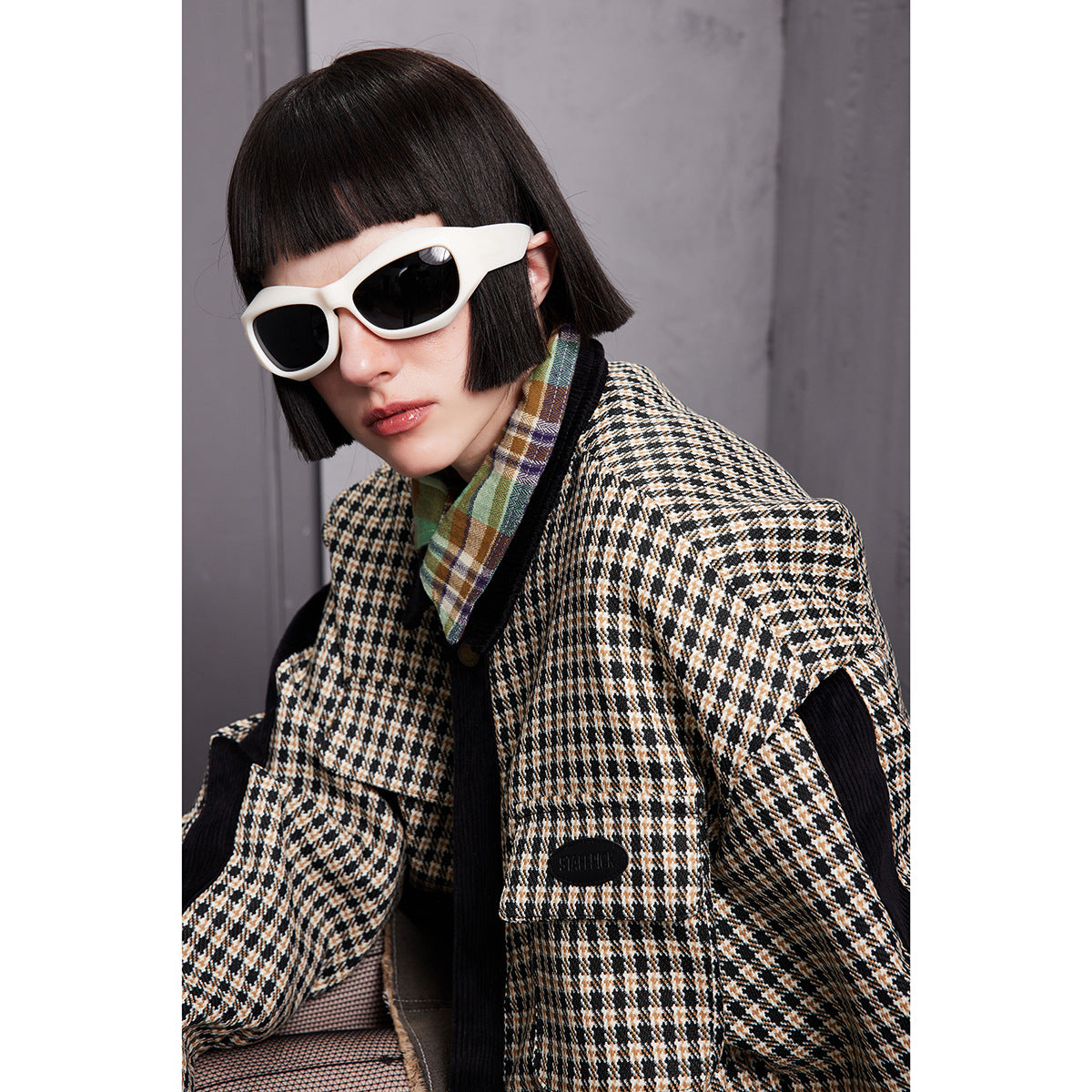 Unisex Jacket Houndstooth Jacket Men and Women Couple Loose Lapels Plaid Jacket