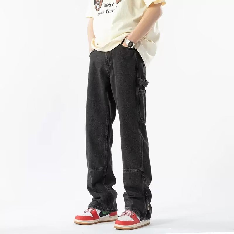 Men Jeans Zipper Split Jeans Spring Vintage Baggy Straight Trousers