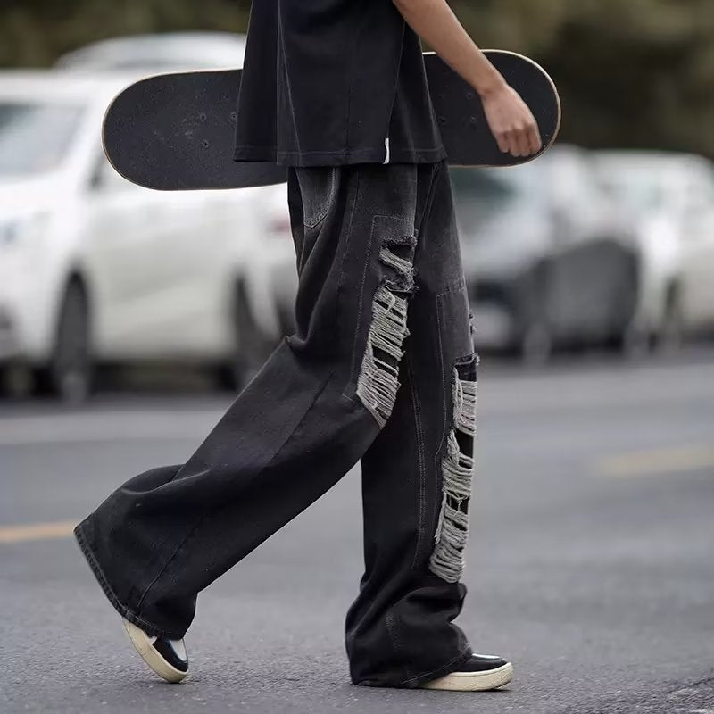 Men Jeans Retro Tattered Jeans Jeans Men's Summer Washed Distressed Loose Wide-Leg Straight Pants
