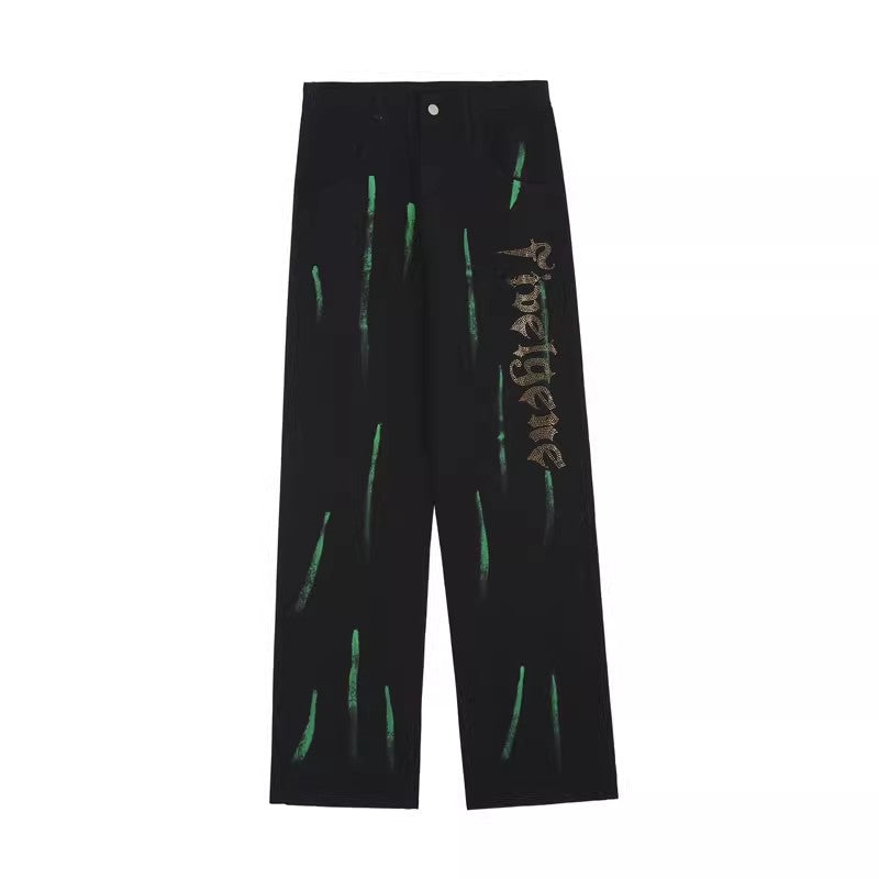 Men Jeans Retro Alphabet Rhinestone Printed Straight Jeans