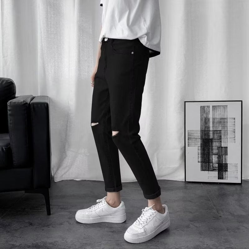 Men Jeans Summer Thin Black Ripped Jeans