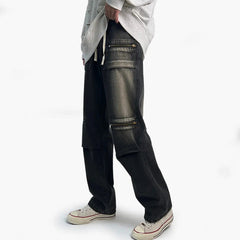 Men Jeans Spring and Autumn Vintage Zipper Loose Straight Wide Leg Straight Casual Trousers