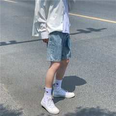 Men Jeans Denim Shorts Loose Retro Straight-Leg Pants Summer