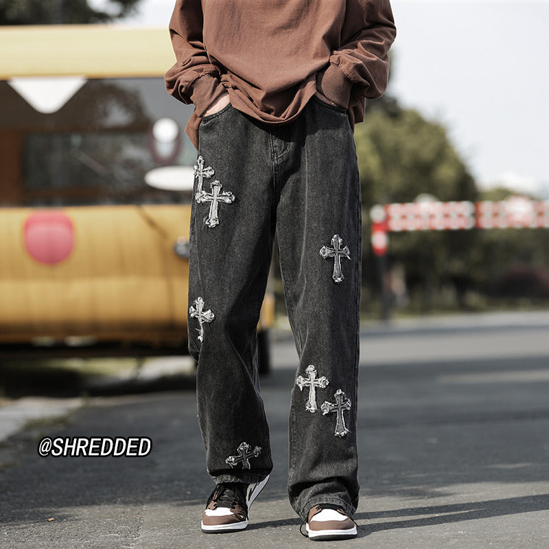 Men Jeans Cross Labeling Vintage Jeans Autumn Leisure Straight-Leg Pants