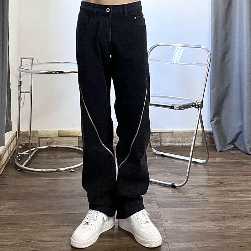 Men Jeans Zipper Jeans Design Slit Hiphop Washed Baggy Straight Trousers