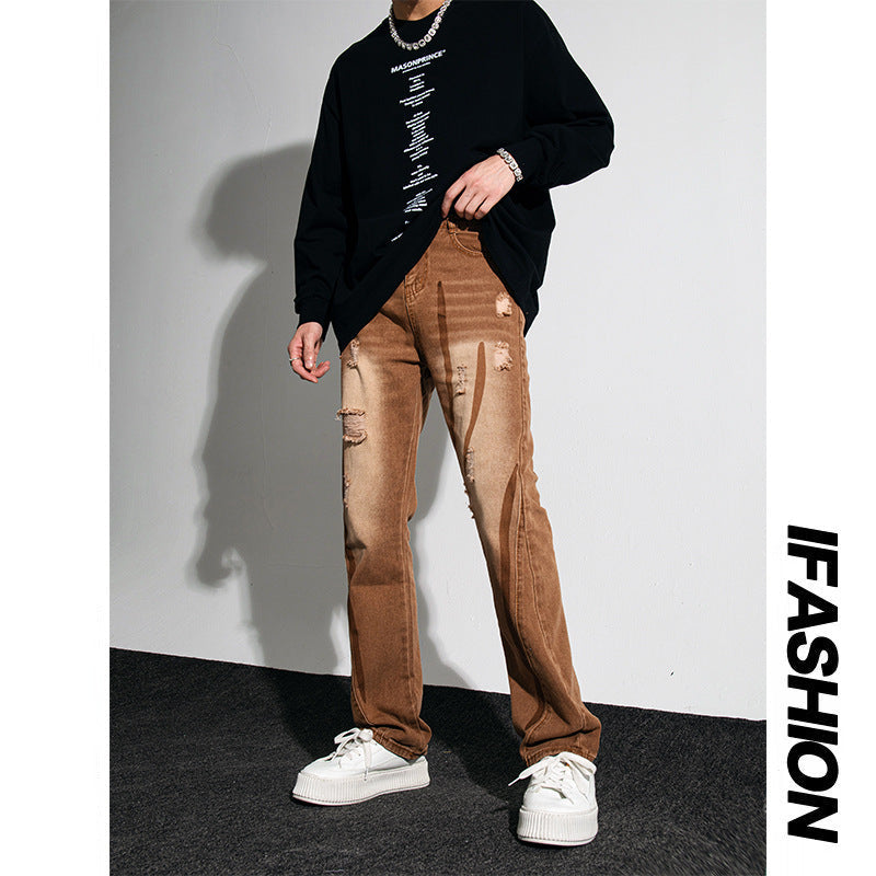 Men Jeans Retro Washed Distressed Loose Straight Hiphop Wide Leg Trousers