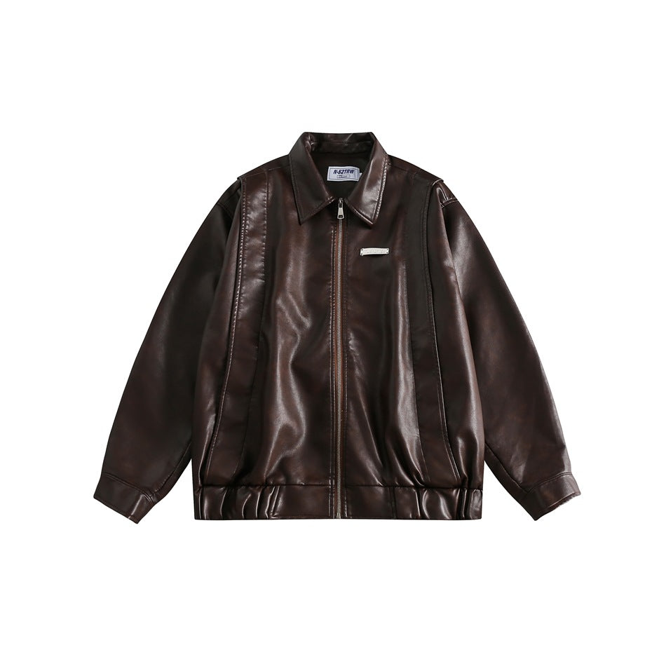 Unisex Jacket Loose Lapels PU Leather Jacket Retro Biker's Coat