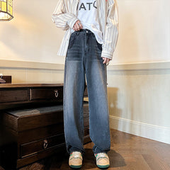 Men Jeans Fall Casual Wide-Leg Trousers Washed-out Vintage Straight-Leg Pants