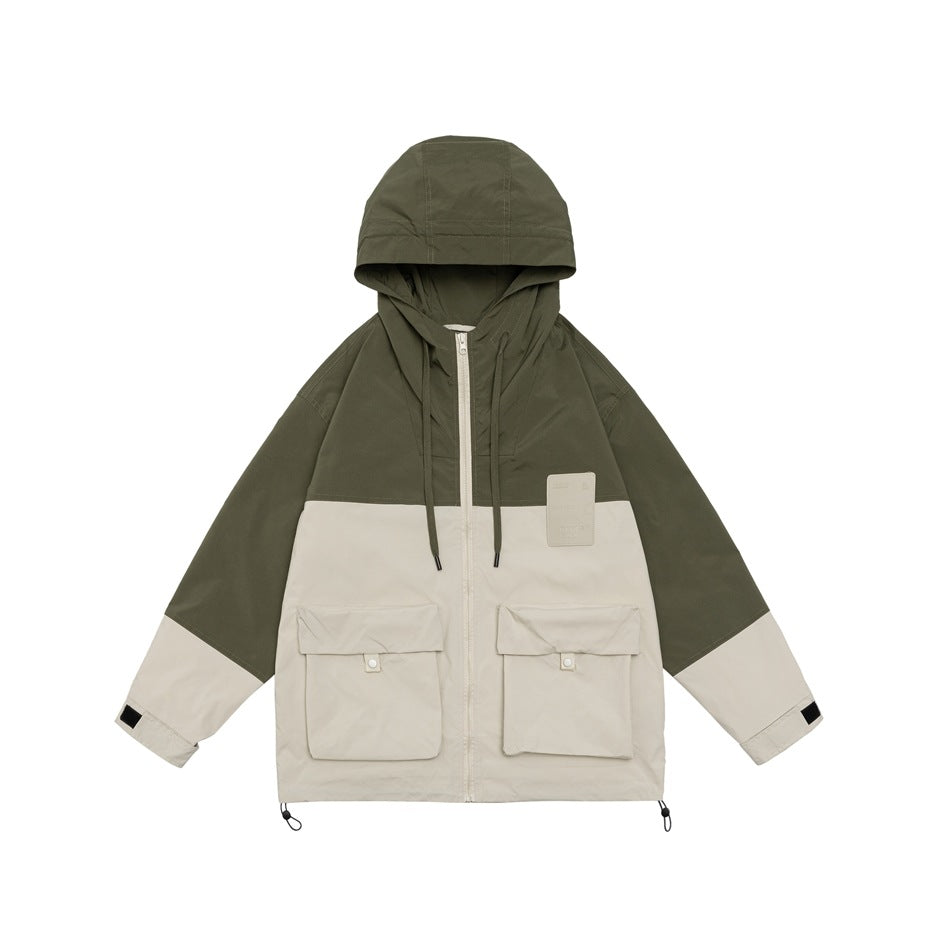 Unisex Jacket Vintage Color Contrast Patchwork Hooded Jacket Shell Jacket Baggy Coat