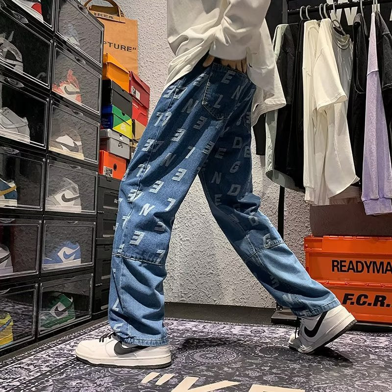 Men Jeans Retro Patchwork Jacquard Jeans Casual Pants
