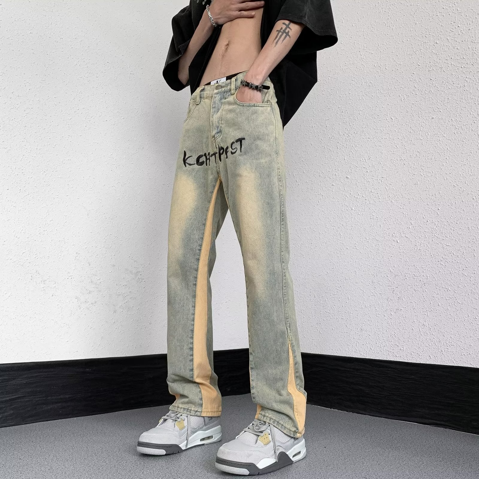 Men Jeans Water-Washing Embroidery Jeans Bootcut Trousers