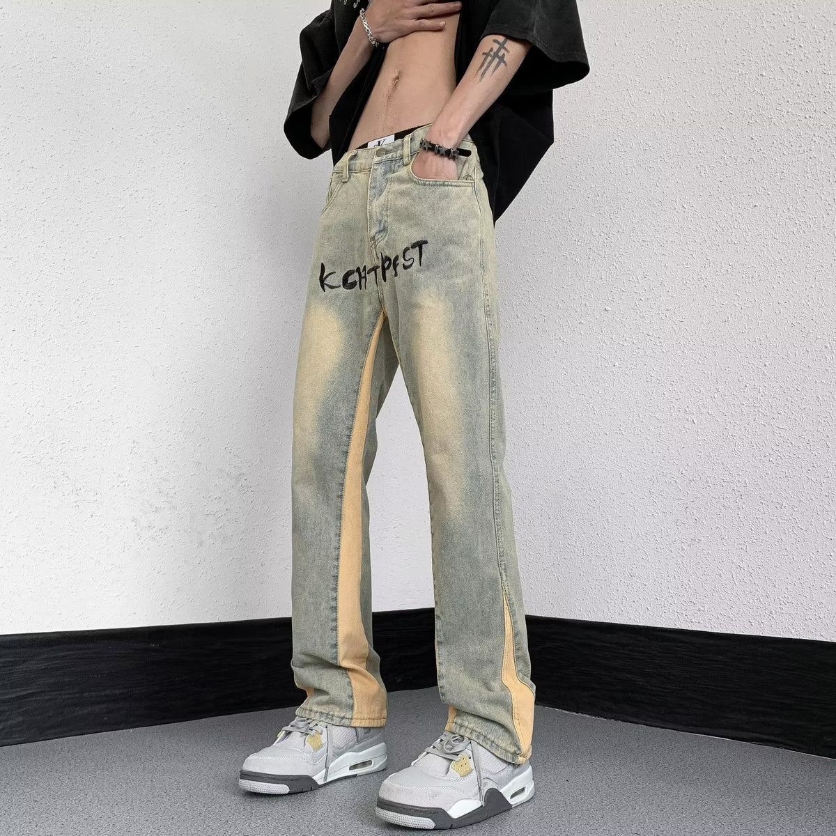 Men Jeans Water-Washing Embroidery Jeans Bootcut Trousers