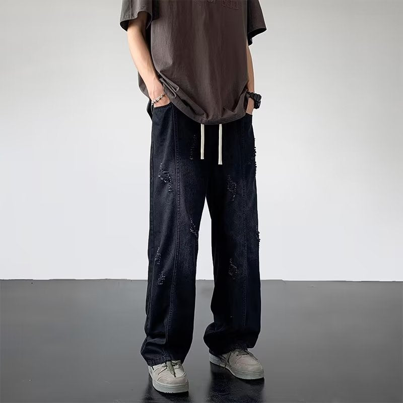 Men Jeans Summer Water Washed Hole Loose Straight Casual Trousers