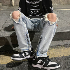 Men Jeans Ripped Jeans Men's Summer Straight Casual Wide-Leg Trousers