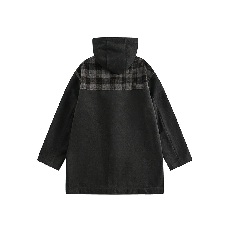 Unisex Jacket Retro Patchwork Plaid Coat Men's Horn Button Hooded Overcoat