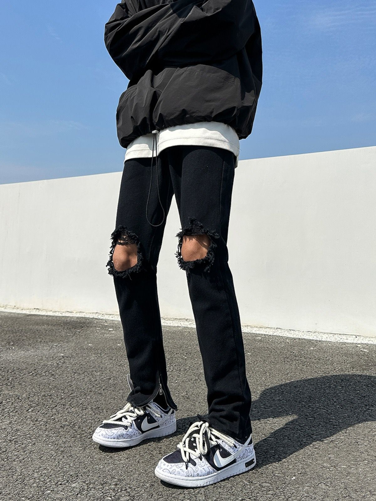 Men Jeans Black Ripped Zipper Jeans Summer Straight-Leg Trousers