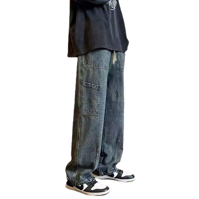 Men Jeans Retro Workwear Jeans Spring and Autumn Loose Wide-Leg Straight Trousers