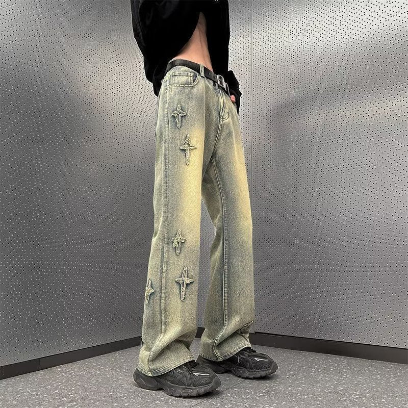 Men Jeans Straight Oversize Summer Slightly Flared Wide Leg Pants