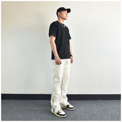 Men Jeans Zipper Slit Slightly Flared Casual Pants Loose Cargo Pants