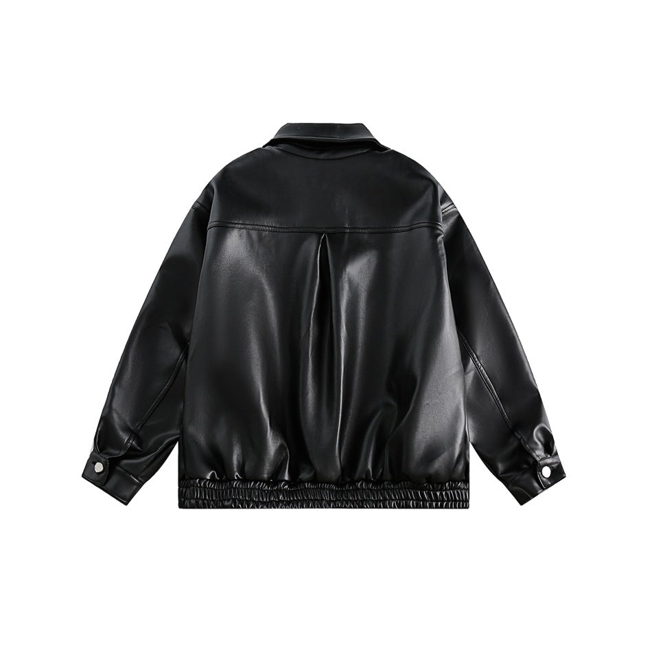 Unisex Jacket Fall Loose Lapels PU Leather Jacket Retro Biker's Coat