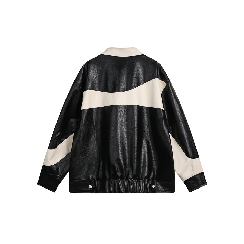 Unisex Jacket Retro Patchwork Jacket Loose PU Leather Coat