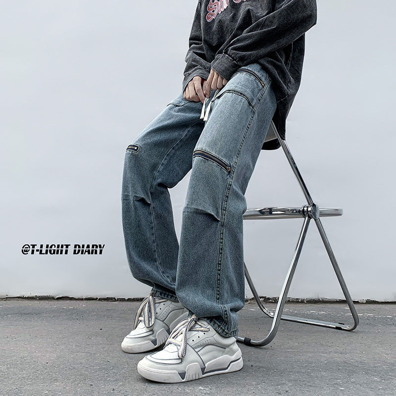Men Jeans Cargo Jeans Spring and Autumn Zipper Wide Leg Trousers