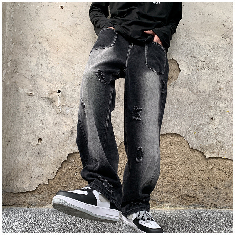 Men Jeans Ripped Jeans Men's Autumn Retro Loose Straight Trousers