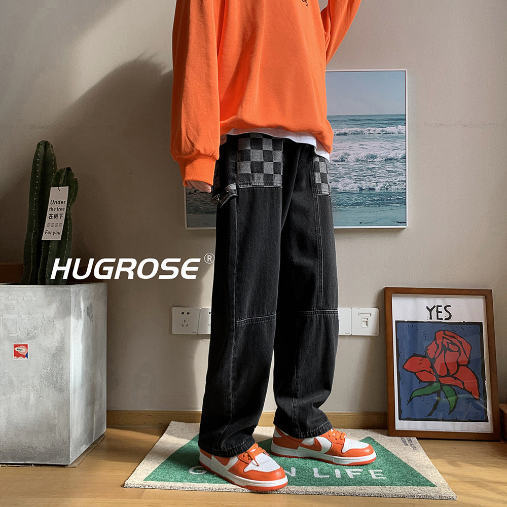 Men Jeans Checkered Vintage Jeans Men's Loose Straight Oversize Trousers