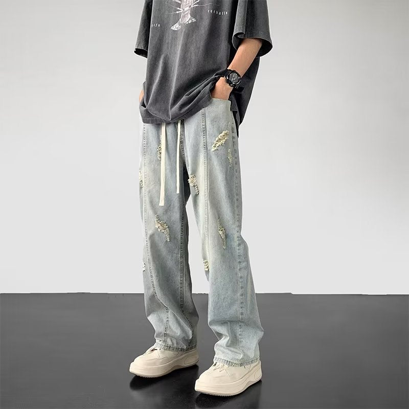 Men Jeans Summer Water Washed Hole Loose Straight Casual Trousers
