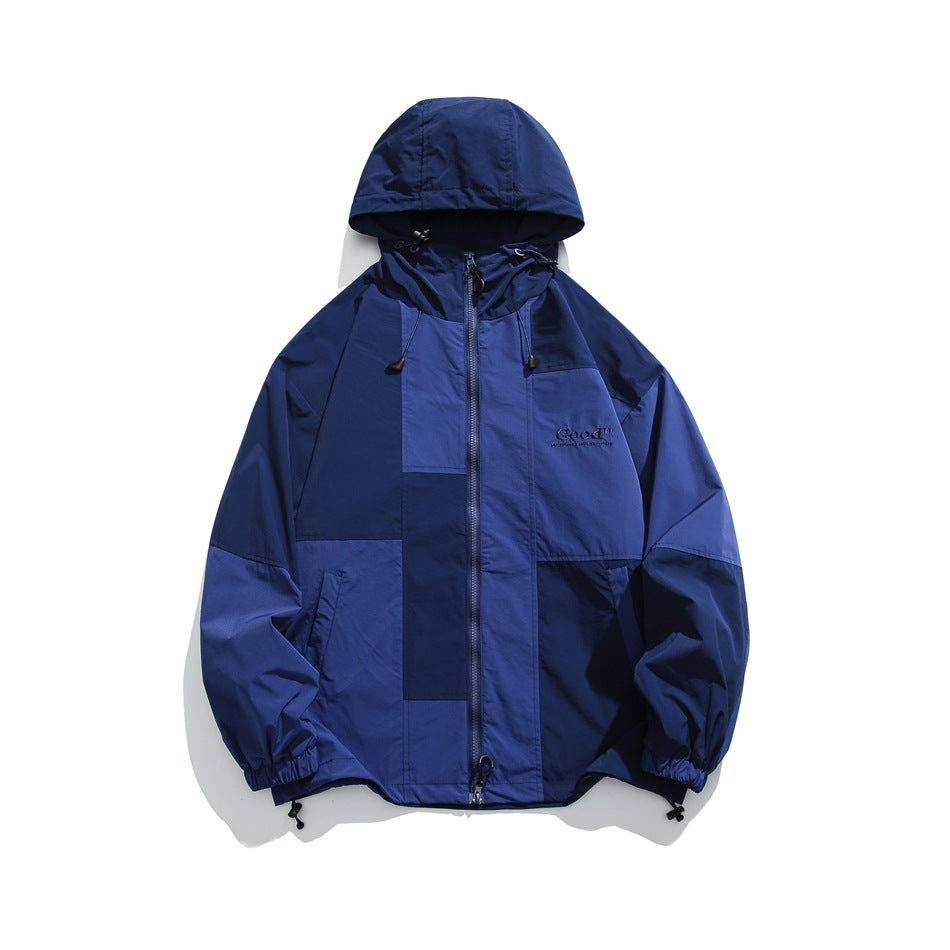 Unisex Jacket Shell Jacket Retro Patchwork Loose Hooded Coat Men's and Women's Jacket