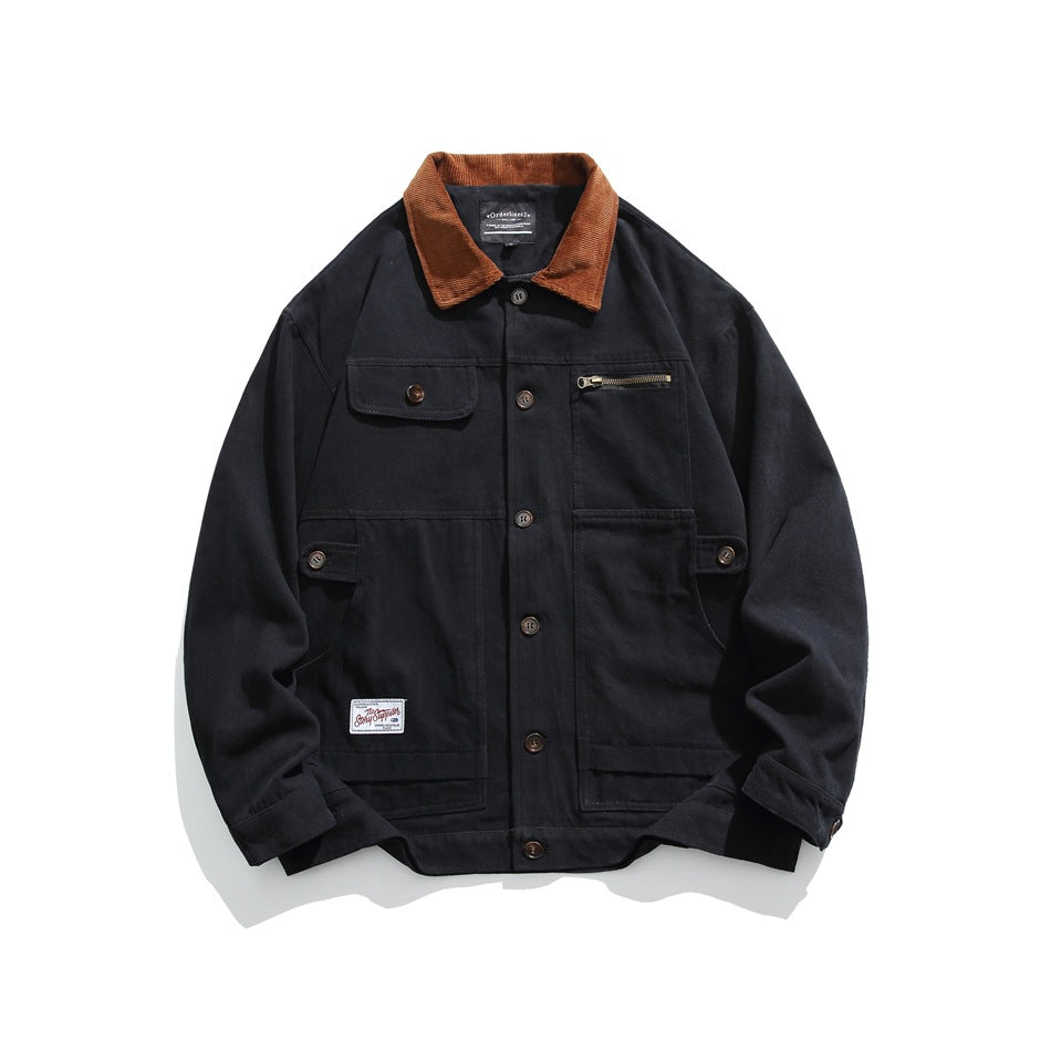 Unisex Jacket Retro Multi-Pocket Workwear Coat Loose Casual Polo Collar Jacket