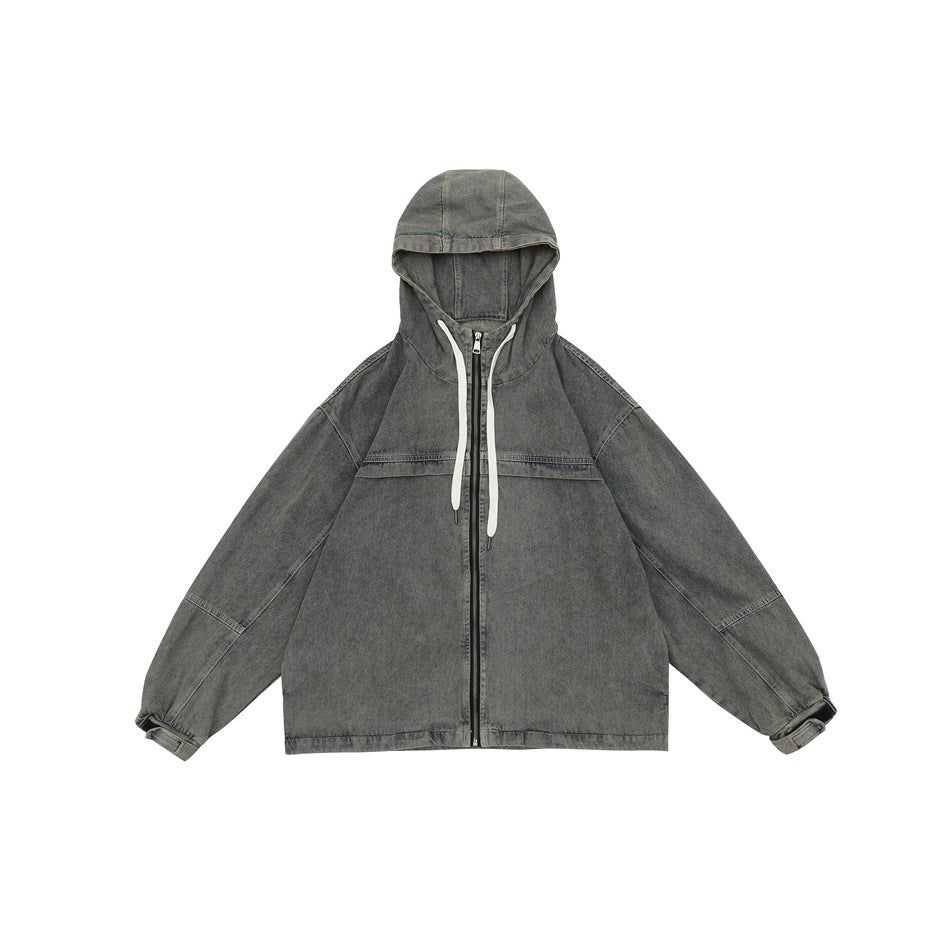 Unisex Jacket Retro Washed Hooded Denim Jacket for Men and Women Spring and Autumn Coat