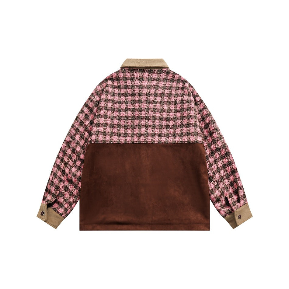 Unisex Jacket Plaid Splicing Coat Men and Women Baggy Casual Jacket