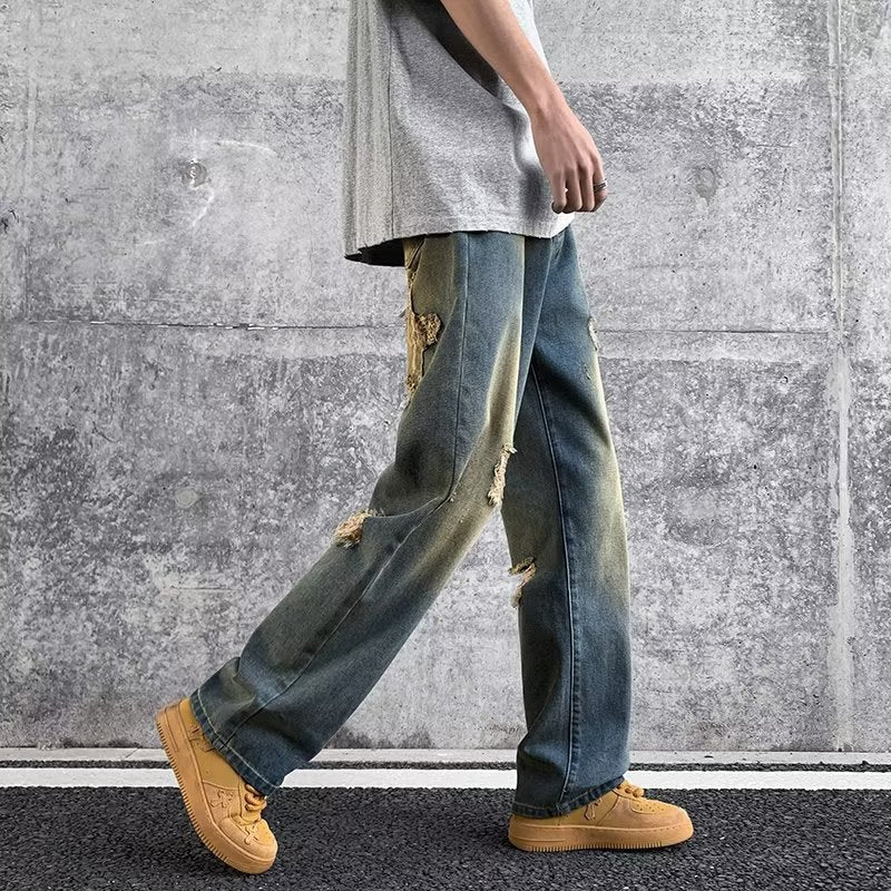 Men Jeans Summer Vintage Vibe Ripped Wide Leg Pants
