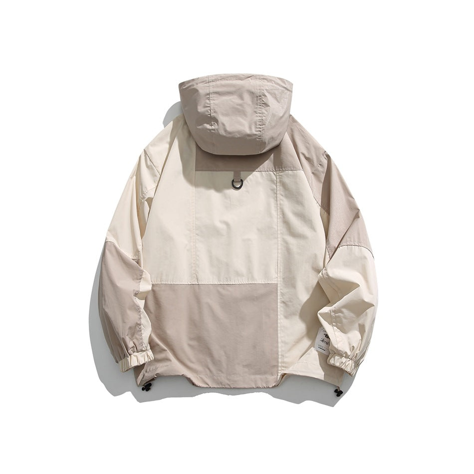 Unisex Jacket Shell Jacket Retro Patchwork Loose Hooded Coat Men's and Women's Jacket