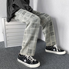 Men Jeans Autumn Plaid Worn Jeans Wide Leg Pants Loose Straight Trousers