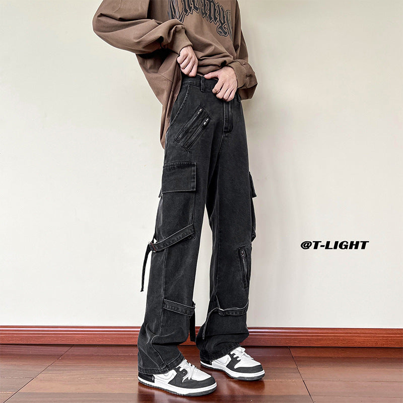 Men Jeans Lace-up Jeans Men's Straight Slim-Fit Zipper Overalls