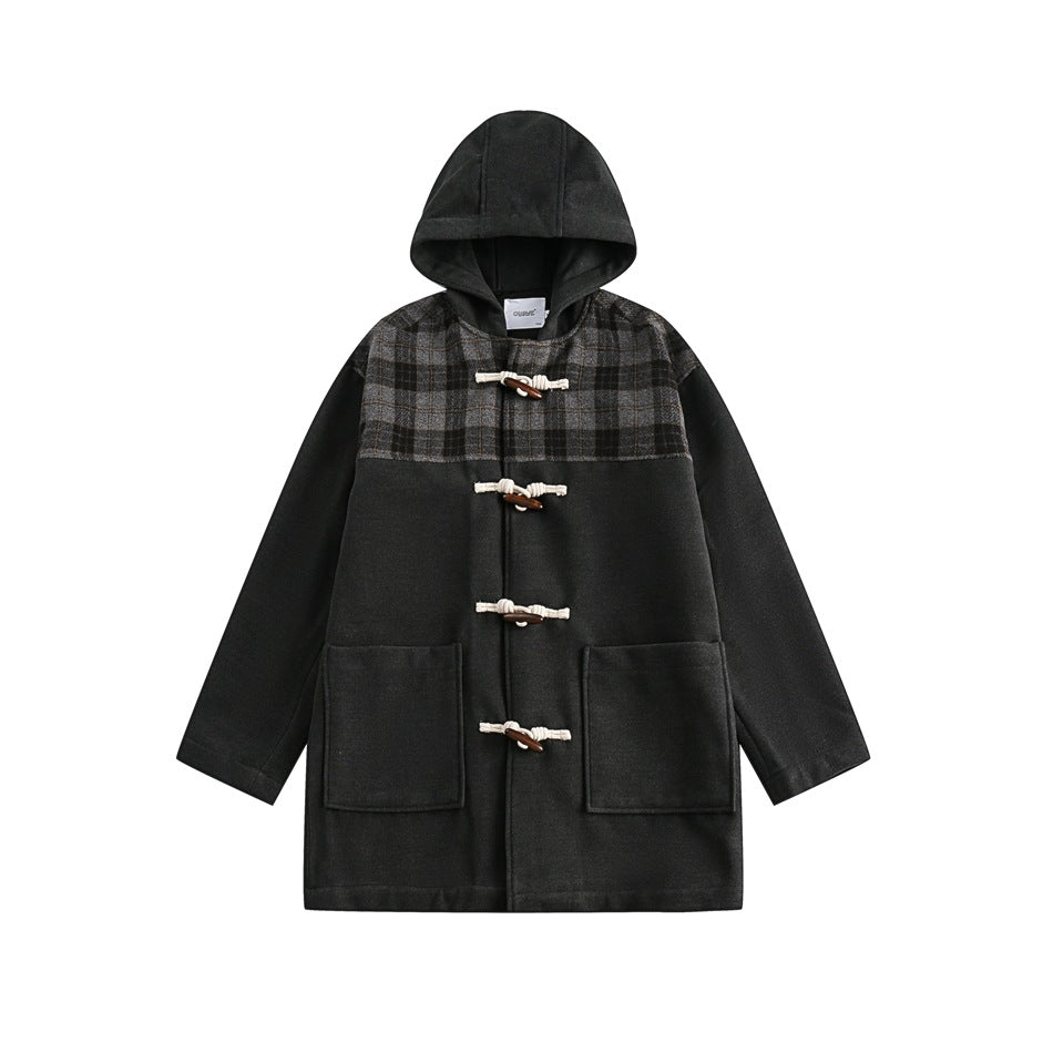 Unisex Jacket Retro Patchwork Plaid Coat Men's Horn Button Hooded Overcoat