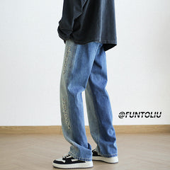 Men Jeans Hiphop Straight-Leg Trousers Retro Loose Wide Leg Pants